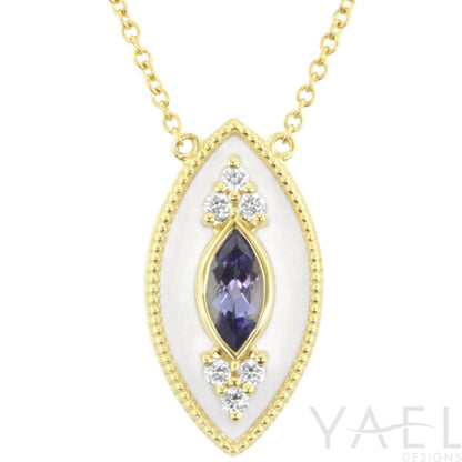 14K Yellow Gold Tanzanite Necklace with Regalia White Enamel Marquise Halo