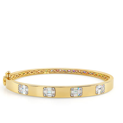 14K Yellow Gold Baguette and Round Diamond Bezel Bangle Bracelet - 0.83 Carats