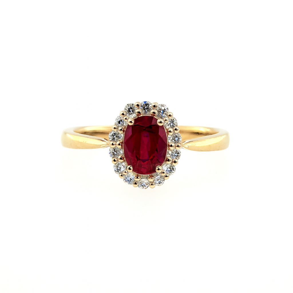 14K Yellow Gold Oval Ruby Halo Ring - 0.88 Carats