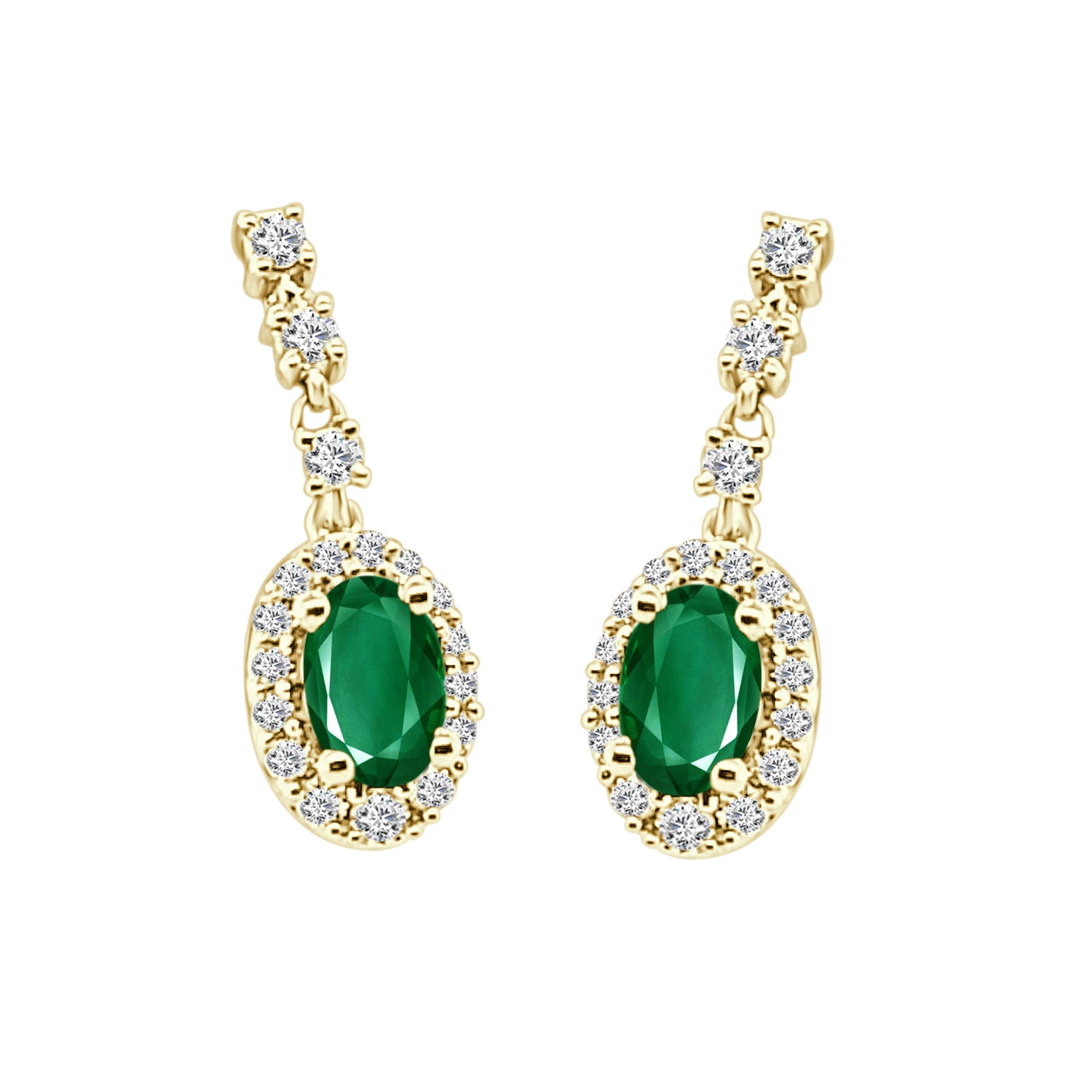 Emerald Halo Diamond Earrings in 14 Karat Yellow Gold, Oval Shape, 1.00 Carat