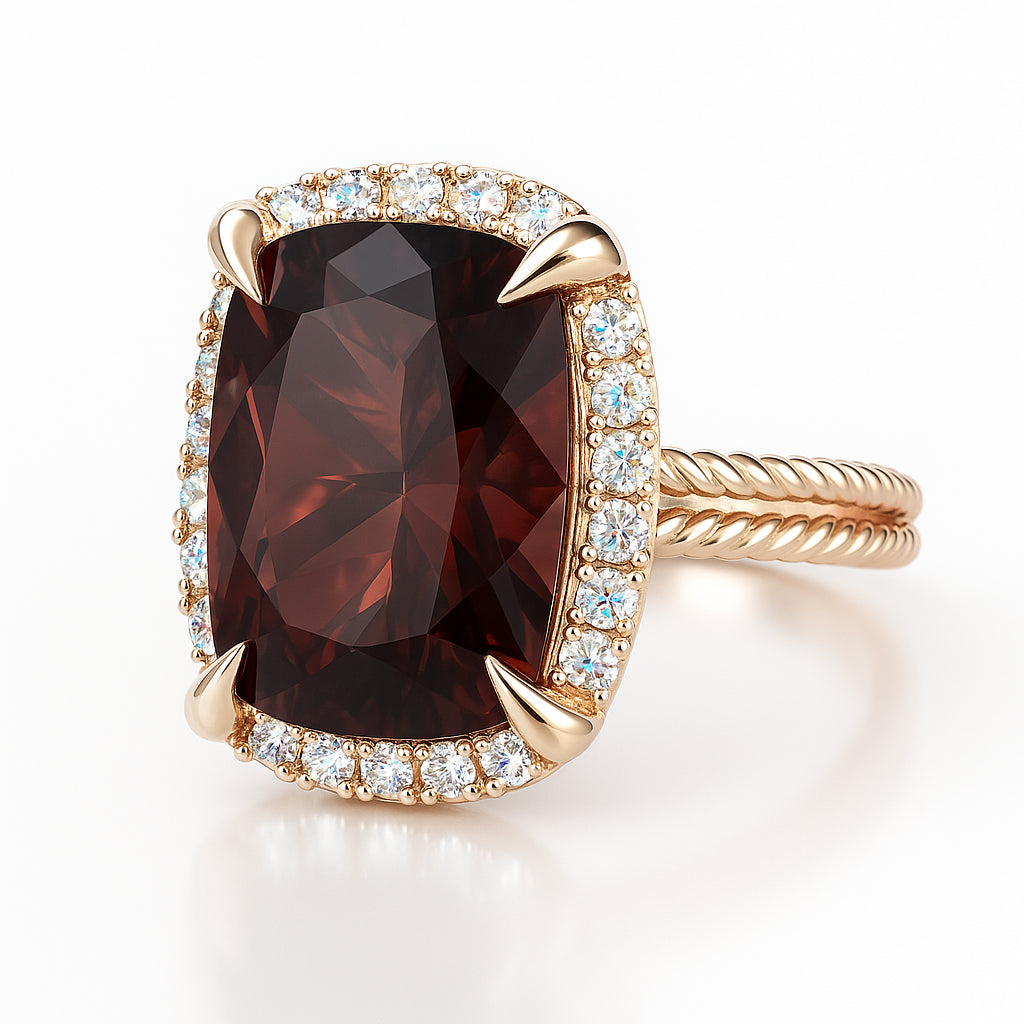 Pink Tourmaline Halo Ring with Woven Band in 14K Yellow Gold