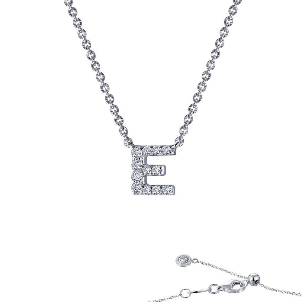Platinum Coated Sterling Silver Block Letter E Necklace with Lassaire - 0.40 Carats