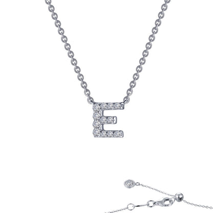 Platinum Coated Sterling Silver Block Letter E Necklace with Lassaire - 0.40 Carats