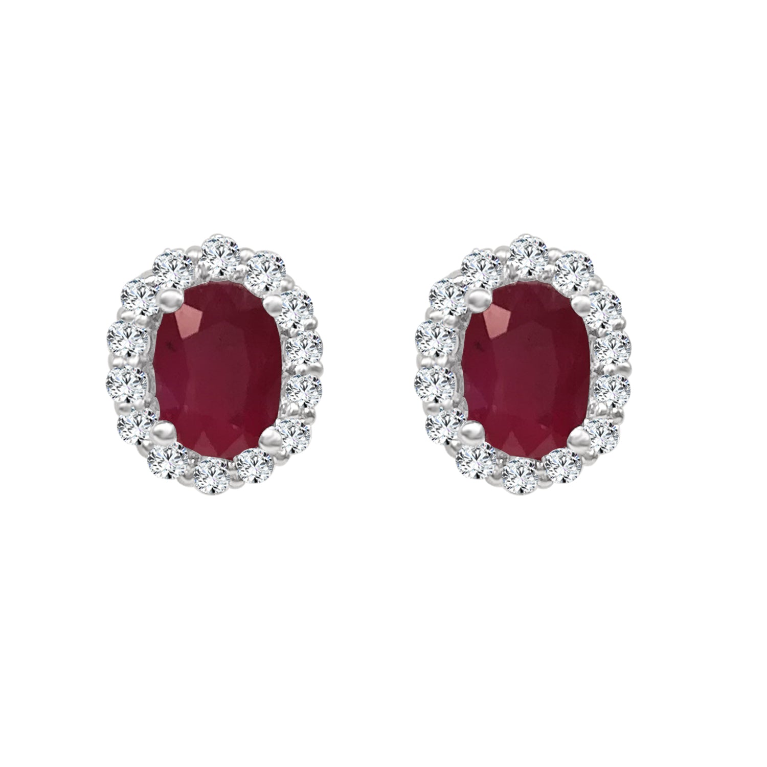 14 Karat White Gold Ruby Oval Halo Stud Earrings - 3.40 Carats