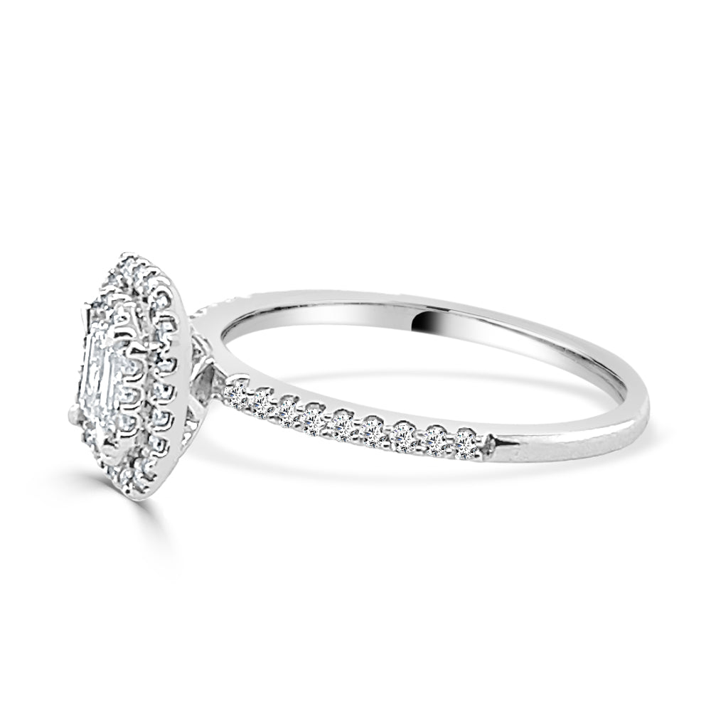 Sure, how about this: 14K White Gold Double Halo Emerald Cut Natural Diamond Engagement Ring (0.33 ct) with Emerald Shape Detail