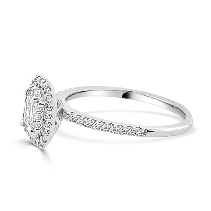 Sure, how about this: 14K White Gold Double Halo Emerald Cut Natural Diamond Engagement Ring (0.33 ct) with Emerald Shape Detail