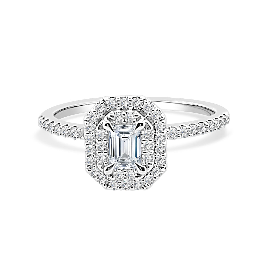 Sure, how about this: 14K White Gold Double Halo Emerald Cut Natural Diamond Engagement Ring (0.33 ct) with Emerald Shape Detail