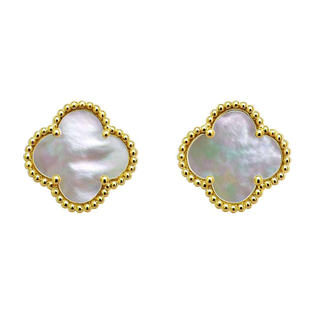 14 Karat Yellow Gold Mother of Pearl Clover Stud Earrings