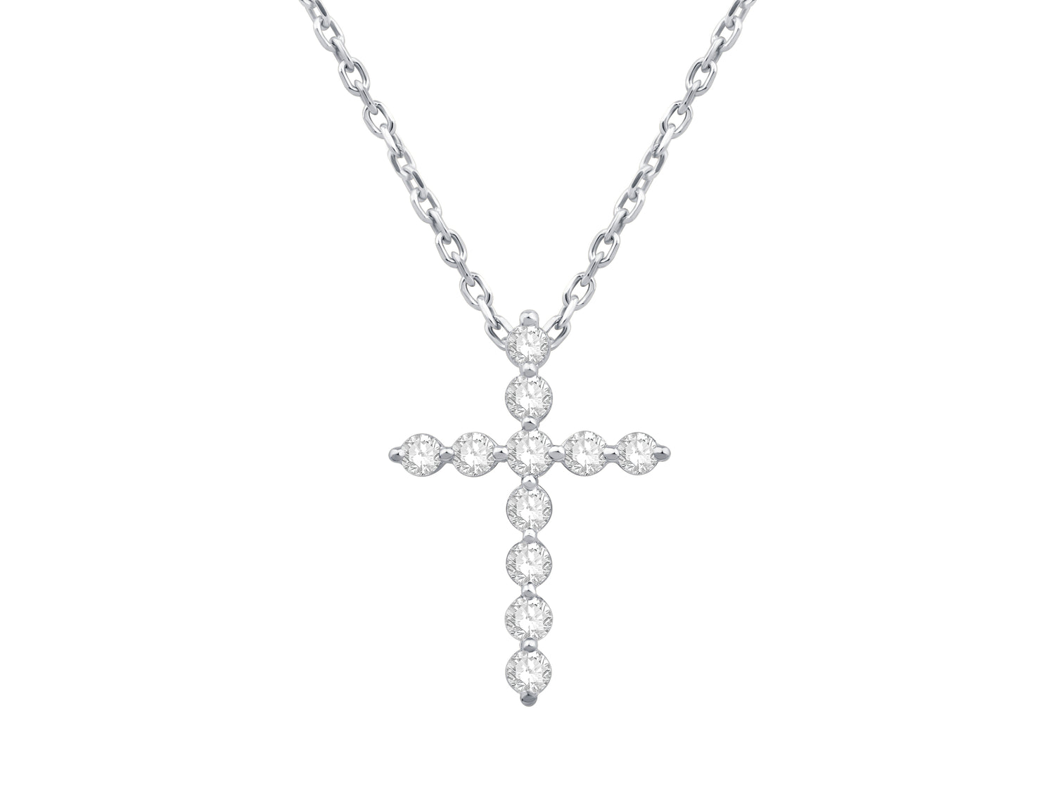 14K White Gold Shared Prong Cross Pendant Necklace with Lab Diamond in Round Shape (0.25 ct)