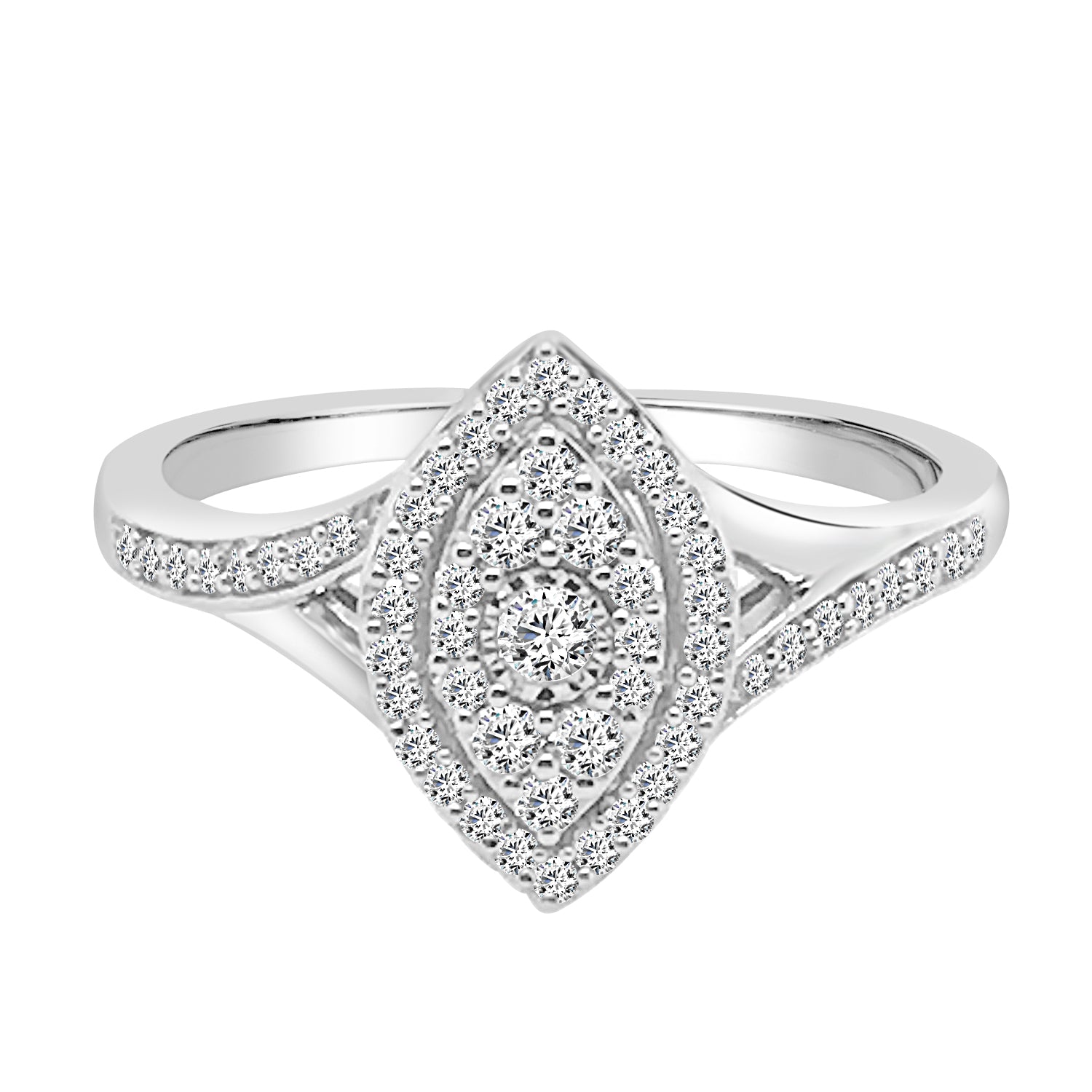 10K White Gold Split Shank Cluster Marquise Engagement Ring with 0.33ct Natural Diamond