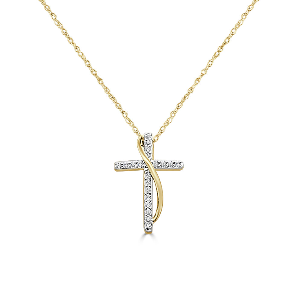 10K Yellow Gold Diamond Cross Necklace with Round 0.10 Carat Natural Diamond