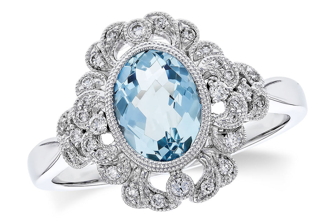 14K White Gold Aquamarine Bezel Set Milgrain Ring, 0.98 ct
