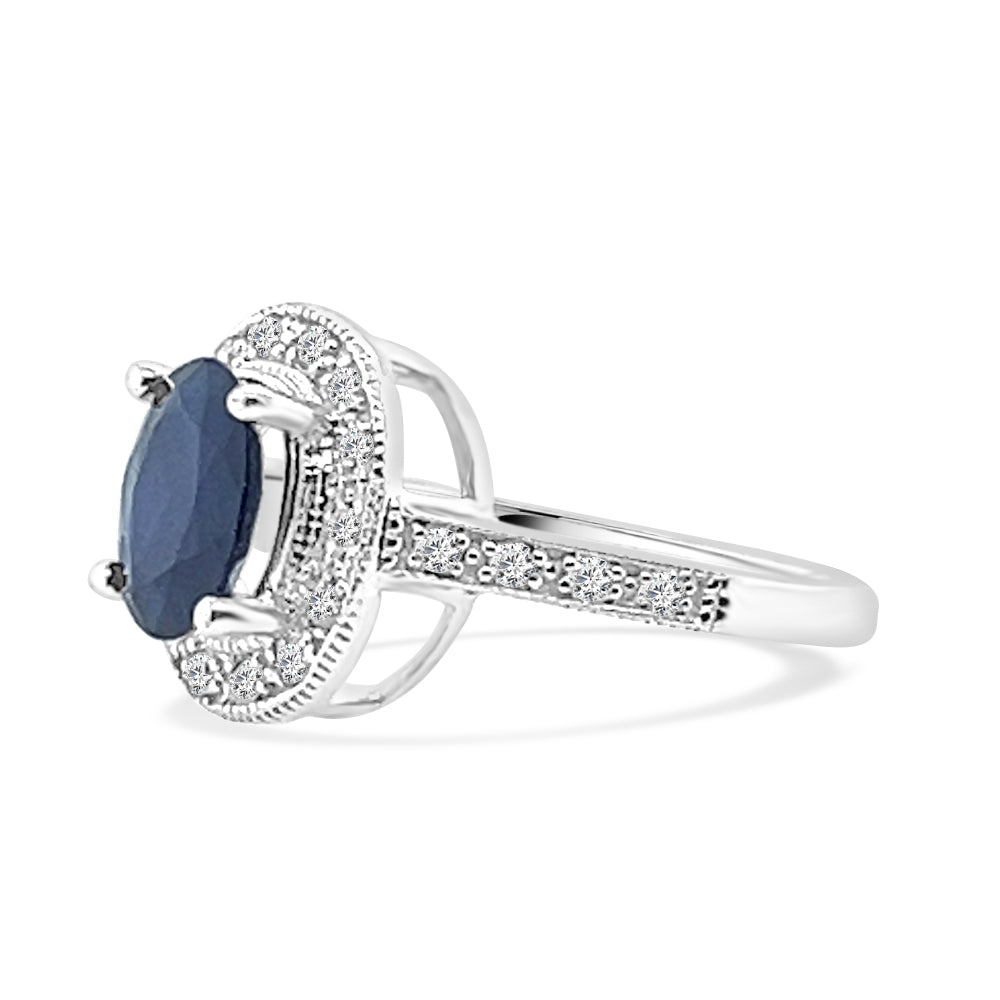 Blue Sapphire and Diamond Oval Ring in 14 Karat White Gold - 2.20 Carats