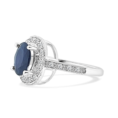 Blue Sapphire and Diamond Oval Ring in 14 Karat White Gold - 2.20 Carats