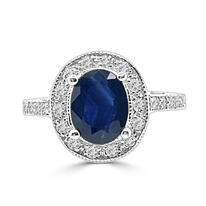 Blue Sapphire and Diamond Oval Ring in 14 Karat White Gold - 2.20 Carats