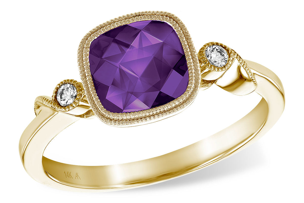 14K Yellow Gold Checkerboard Amethyst Cushion Ring - 1.18 Carats