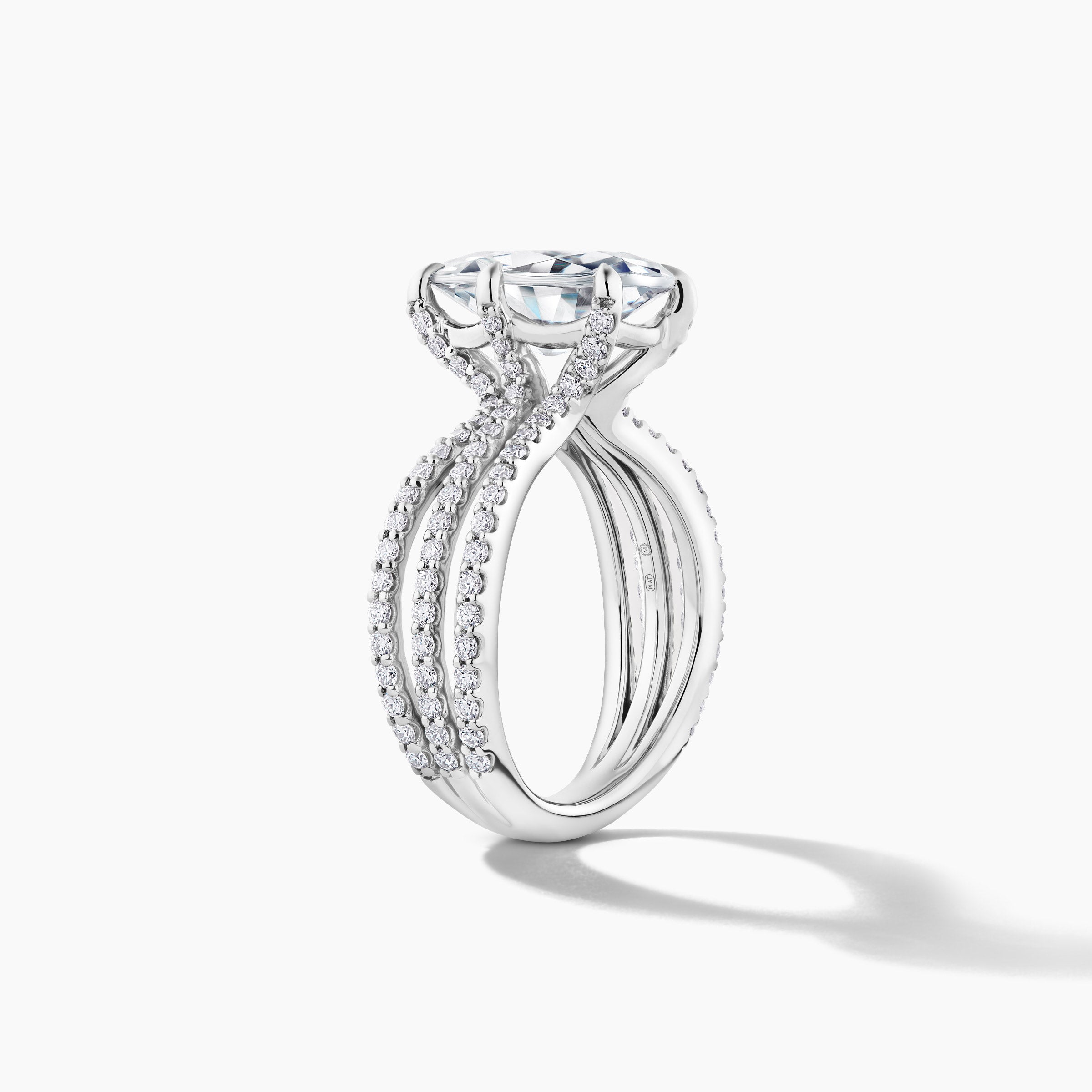 Platinum Oval Shape Engagement Ring with SMP Three Row Split Shank Band featuring 5.00 Carat Natural Diamond