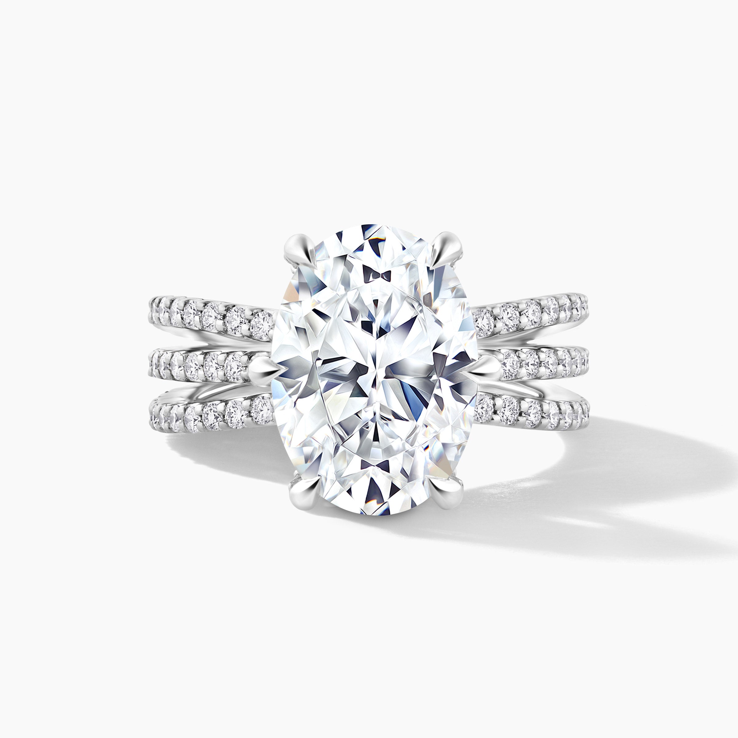 Platinum Oval Shape Engagement Ring with SMP Three Row Split Shank Band featuring 5.00 Carat Natural Diamond