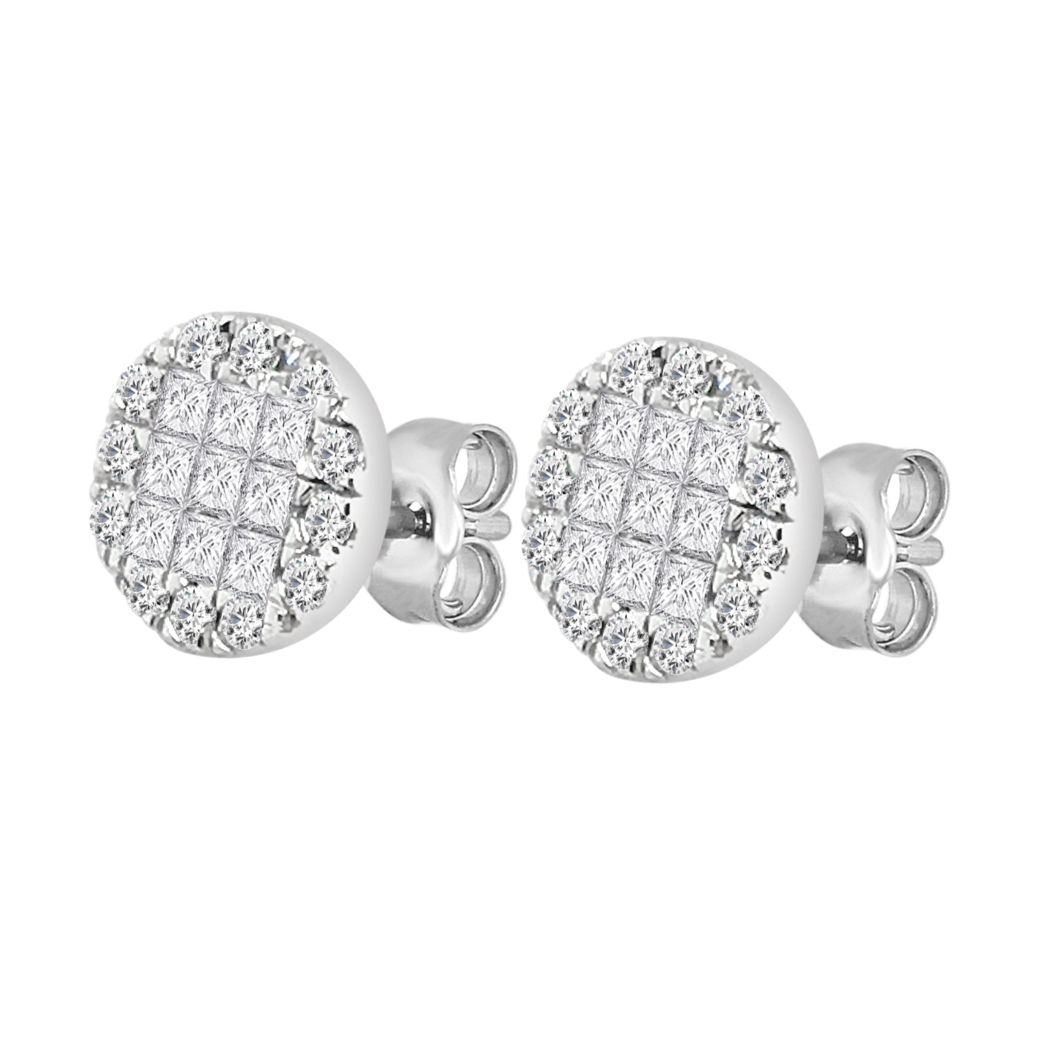 Fancy Round Stud Earrings in 18 Karat White Gold with Natural Diamond Accent (0.76 ct)