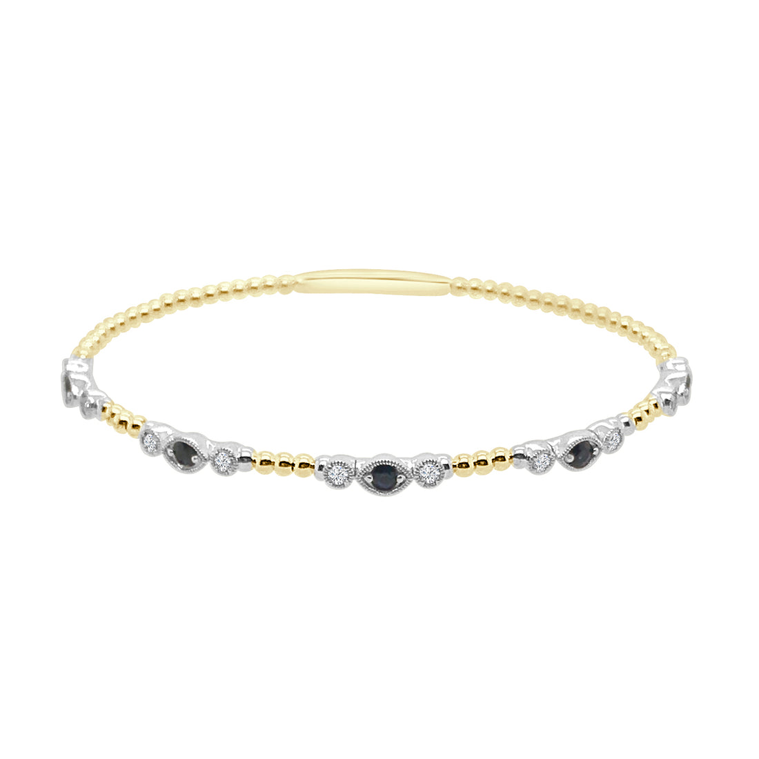 14K Two-Tone Flex Milgrain Bangle Bracelet with Blue Sapphire Beaded Station - 0.48ct