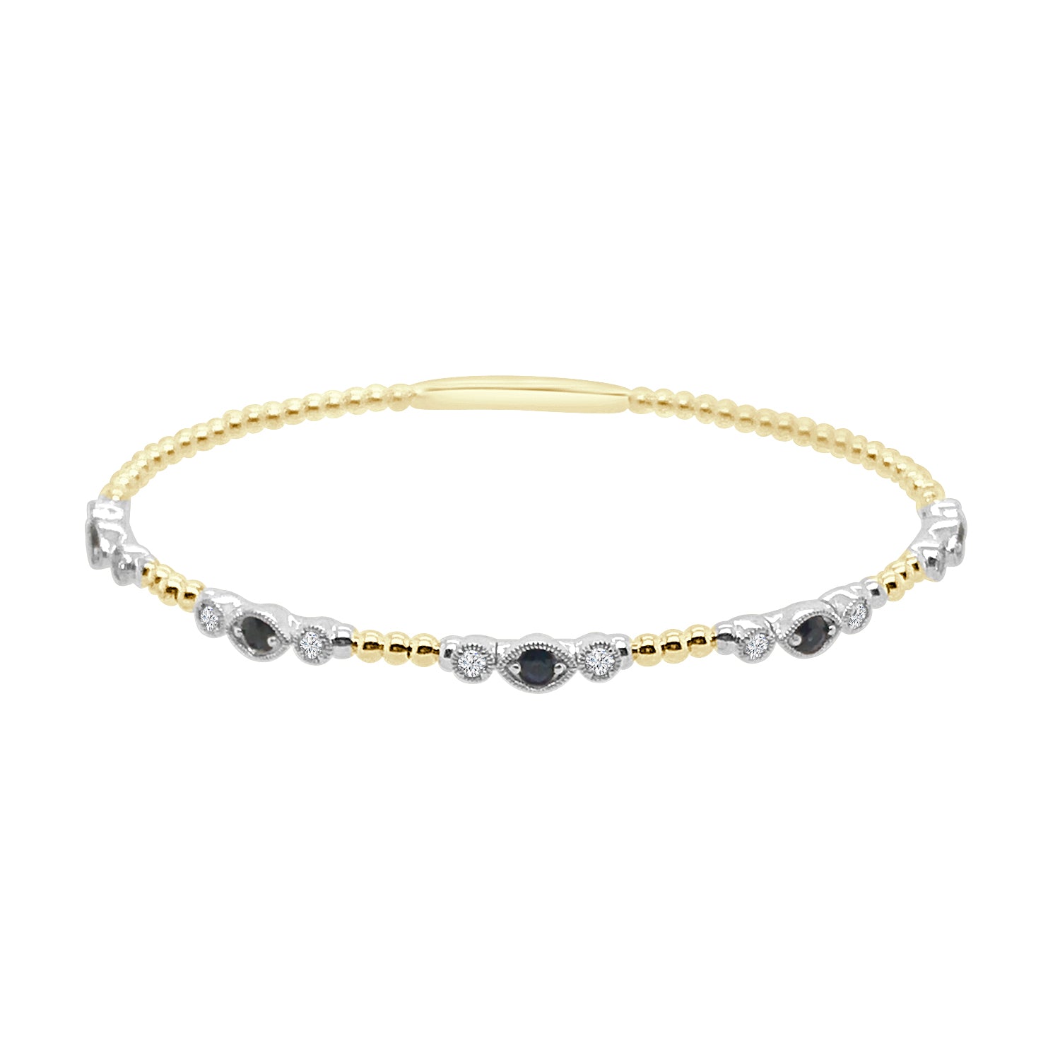 14K Two-Tone Flex Milgrain Bangle Bracelet with Blue Sapphire Beaded Station - 0.48ct