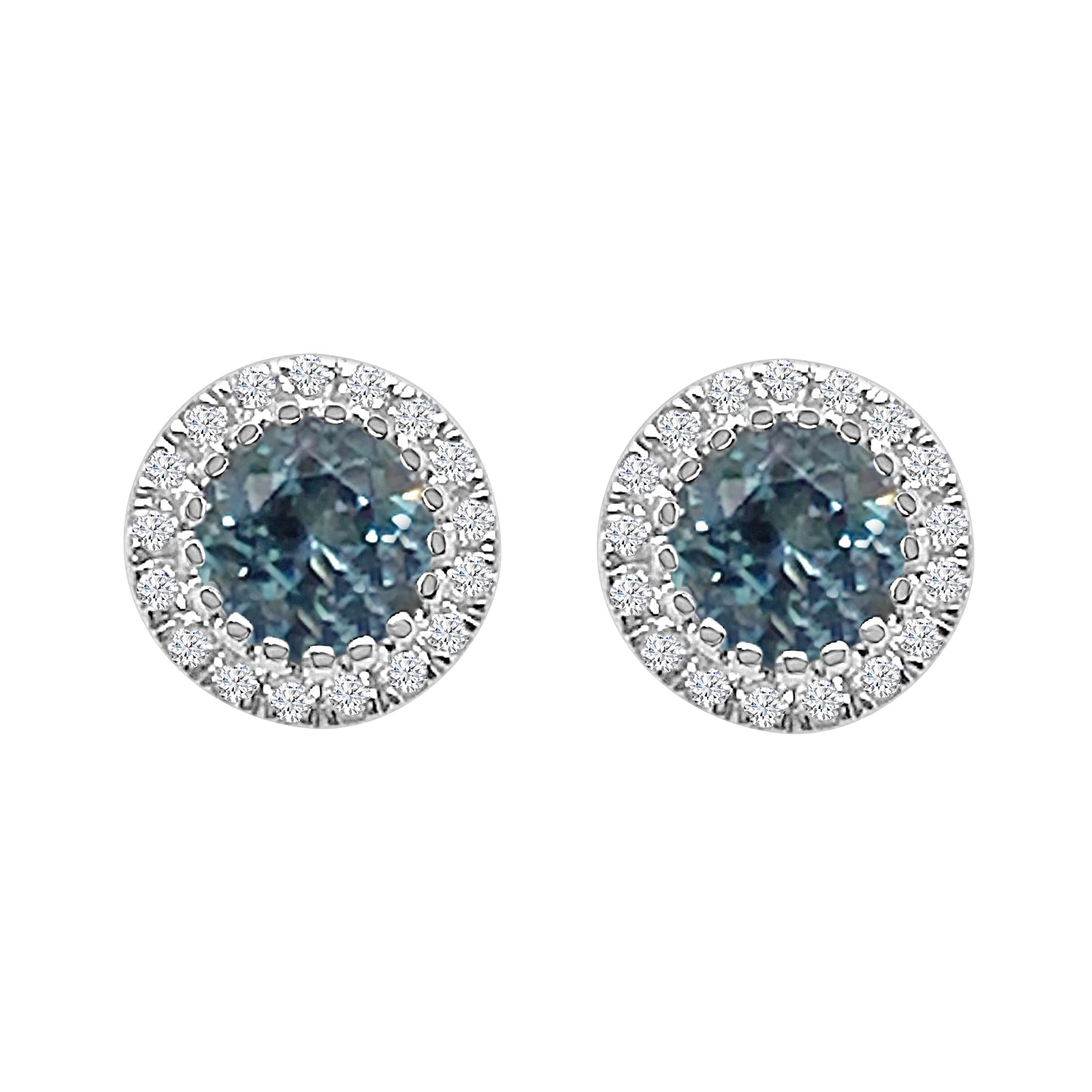 Round Halo Aquamarine Earrings in 14 Karat White Gold with 0.52 ct Natural Diamond Accent