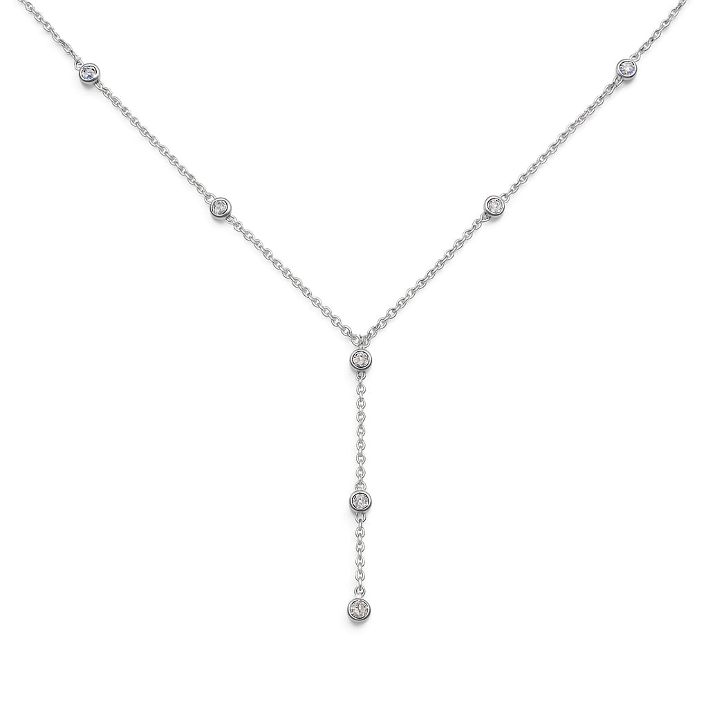 14K White Gold Round Diamond Station Lariat Necklace - 0.60 ct
