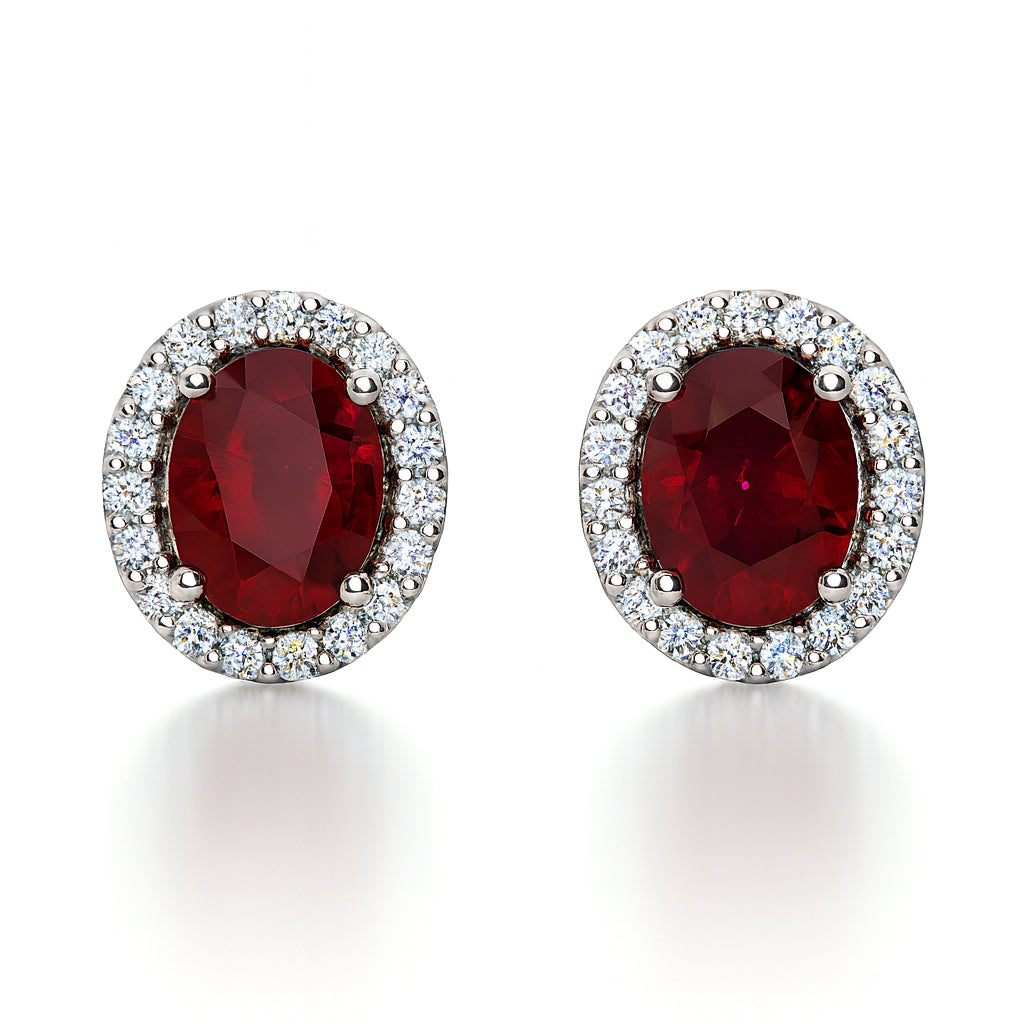 14K Yellow Gold Ruby Oval Halo Stud Earrings - 0.38ct