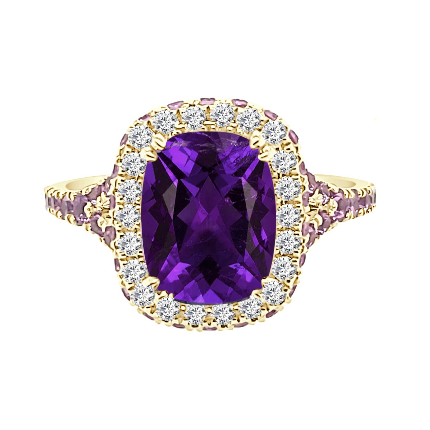 14K Yellow Gold Fancy Cushion Halo Amethyst Ring - 1.73 Carats
