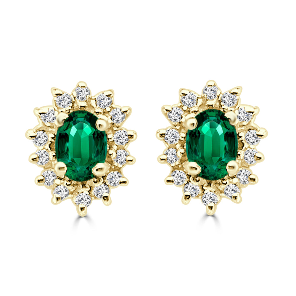 Oval Emerald and Diamond Halo Stud Earrings in 14K Yellow Gold - 0.50 Carats