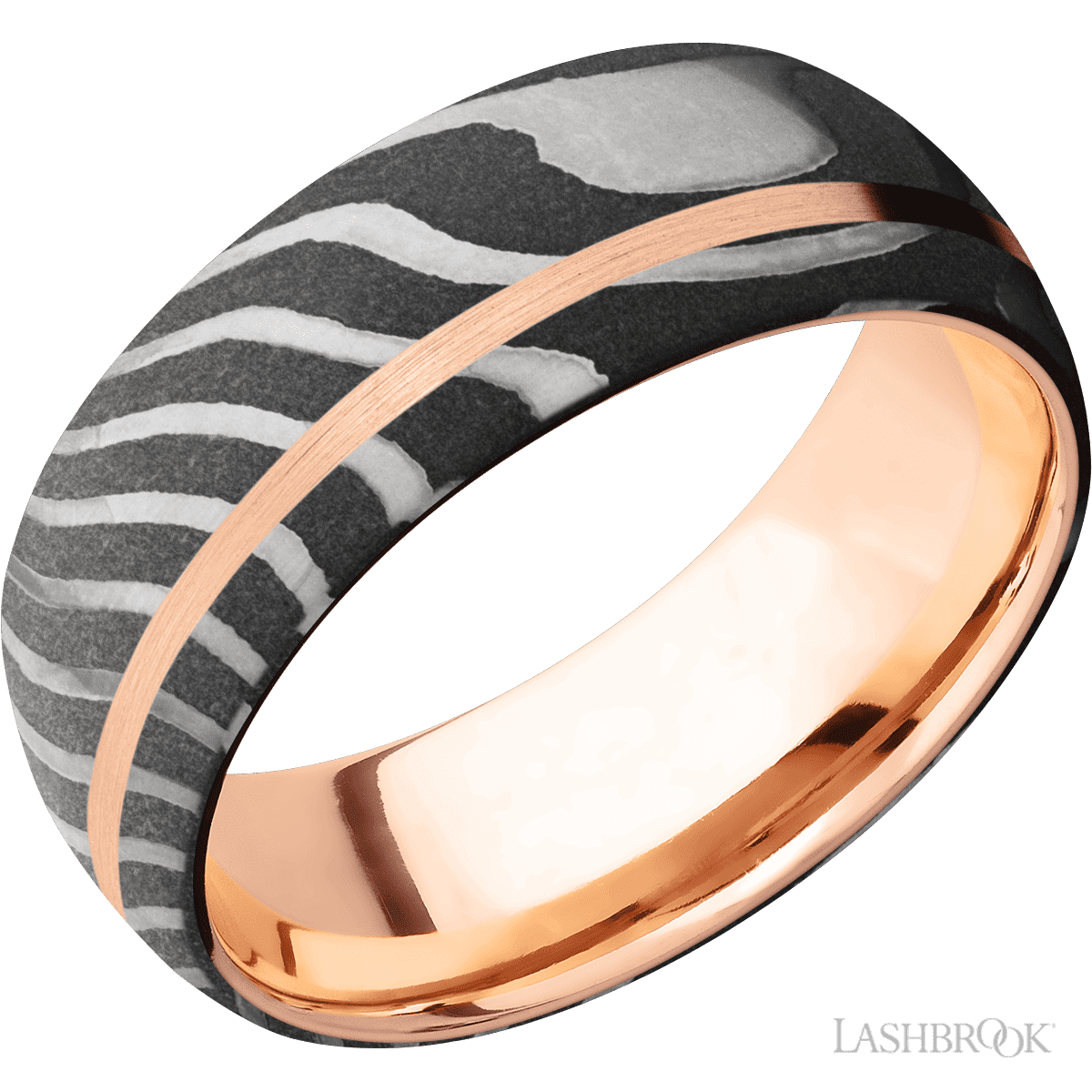 Damascus Steel Wedding Band with 14K Rose Gold Off-Center Inlay and Sleeve - Size 10