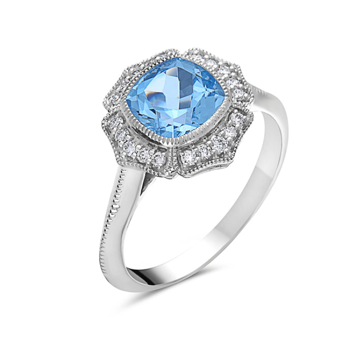 14K White Gold Blue Topaz Halo Ring with Cushion Cut - 1.90 Carats
