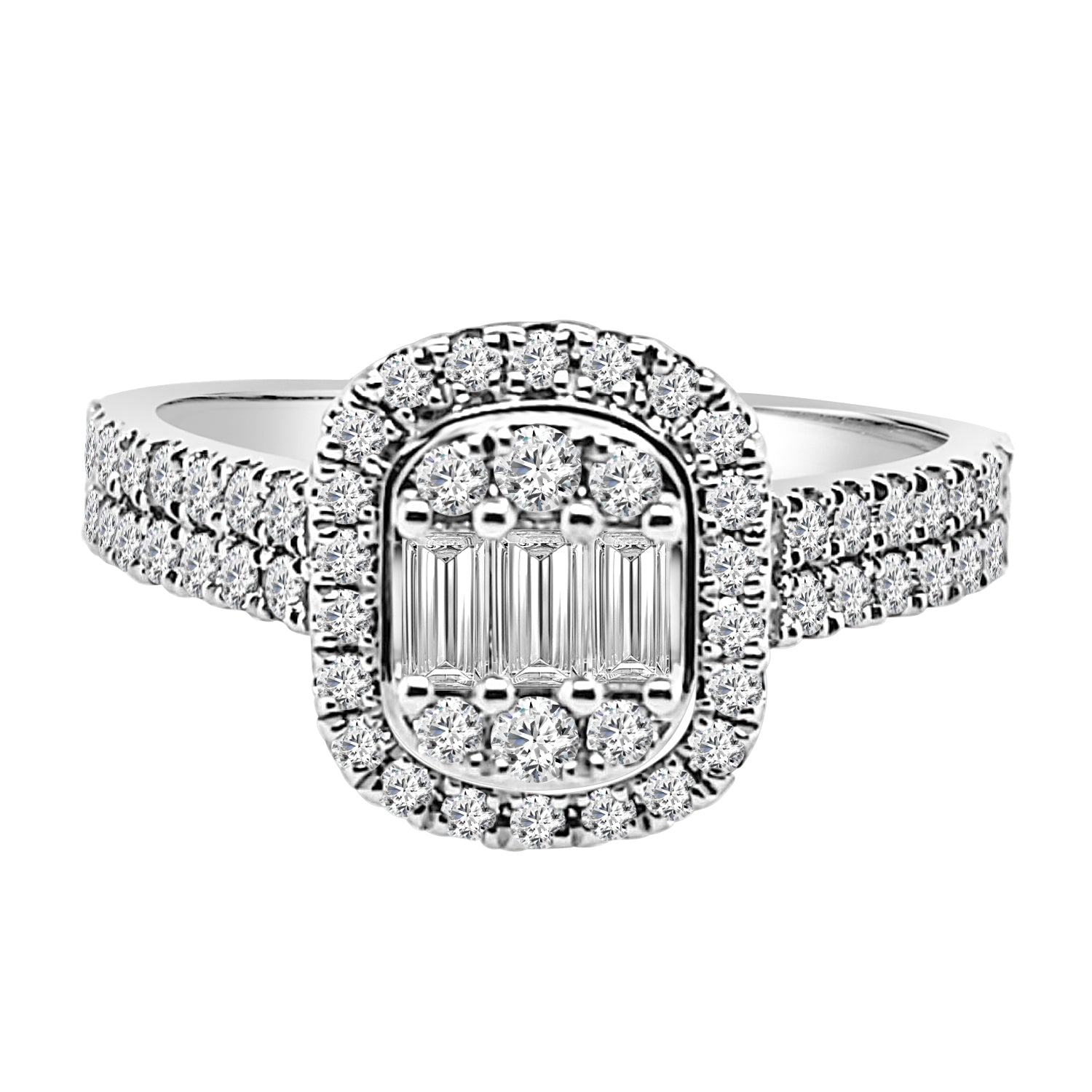 Sure, how about this product title for you: 14K White Gold Double Row Mosaic Cushion Engagement Ring with 0.76 ct Natural Diamond
