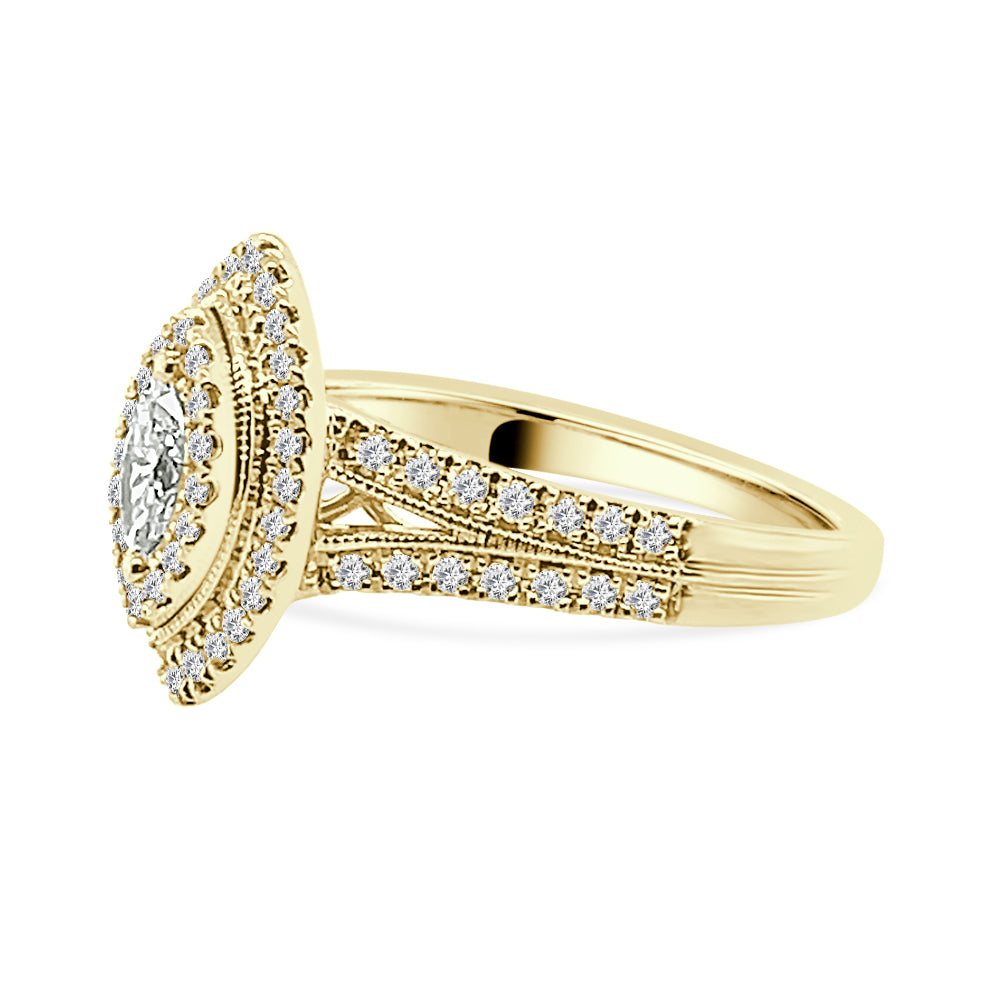 14K Yellow Gold Double Halo Milgrain Marquise Engagement Ring with 0.25ct Natural Diamond