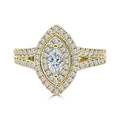 14K Yellow Gold Double Halo Milgrain Marquise Engagement Ring with 0.25ct Natural Diamond