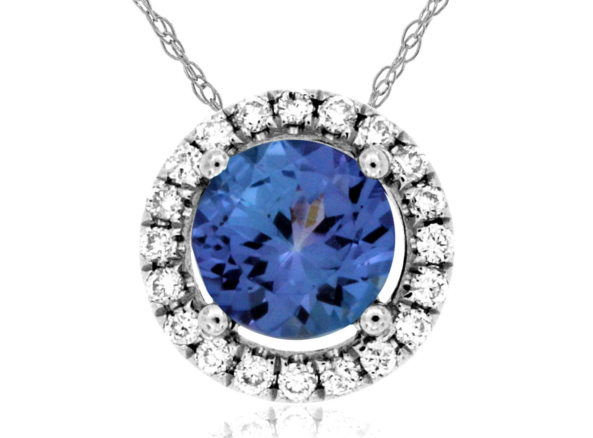 0.50 Carat Tanzanite Round Halo Necklace in 14 Karat White Gold