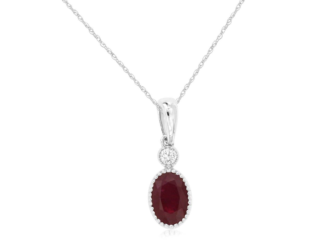 14 Karat White Gold Ruby Oval Necklace with Beaded Bezel Setting - 0.58 Carats