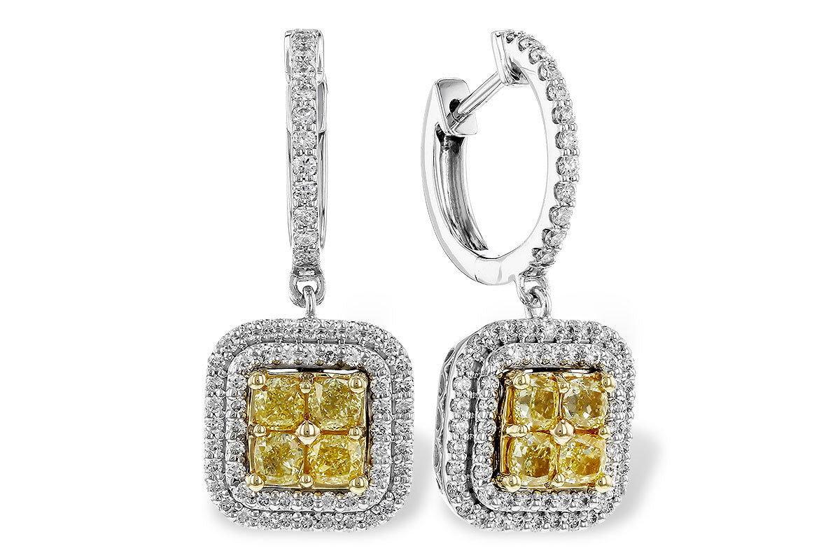 14 Karat Two-Tone Fancy Double Halo Yellow Diamond Earrings - Cushion Shape 1.04CT
