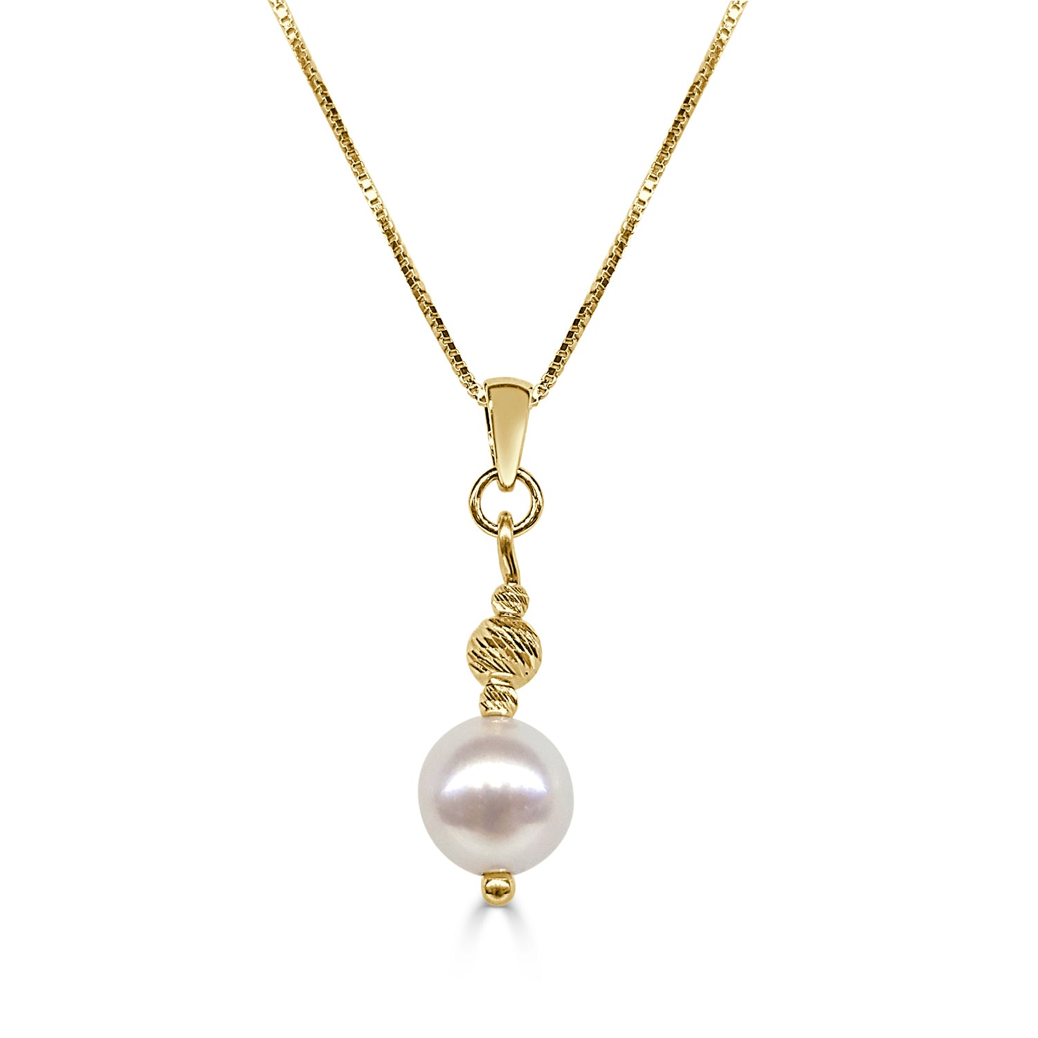 14 Karat Yellow Gold Pearl Necklace with D/c Bead Drop