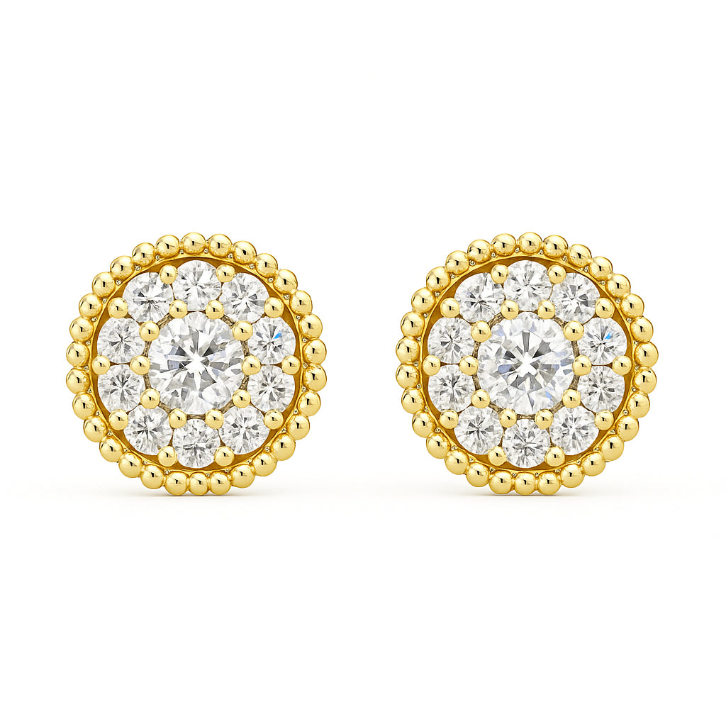 14K Yellow Gold Cluster Diamond Stud Earrings - Round Shape, 0.67 ct Natural Diamonds