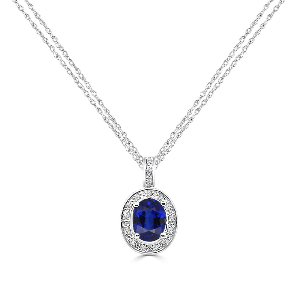 14K White Gold Blue Sapphire and Diamond Oval Necklace - 2.20 ct
