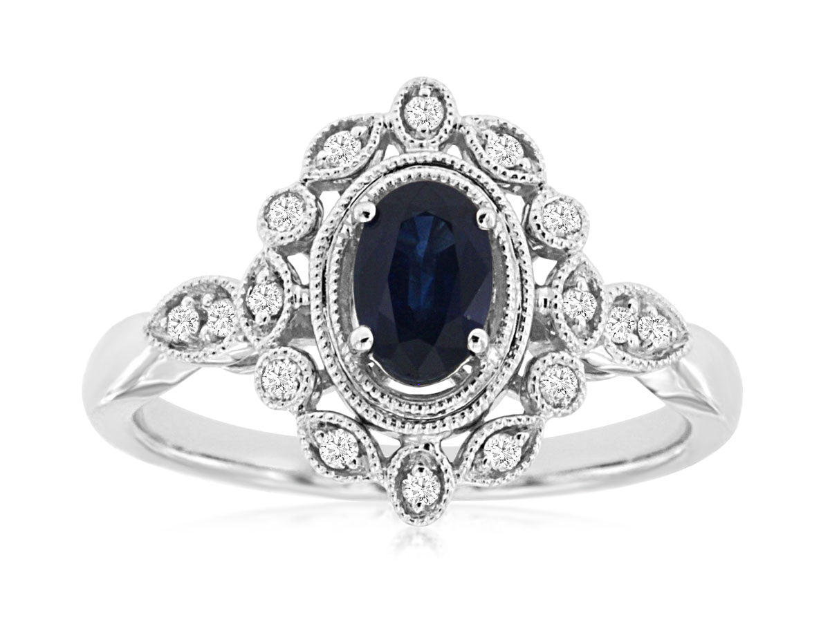 14 Karat White Gold Filigree Oval Blue Sapphire Ring 0.65ct