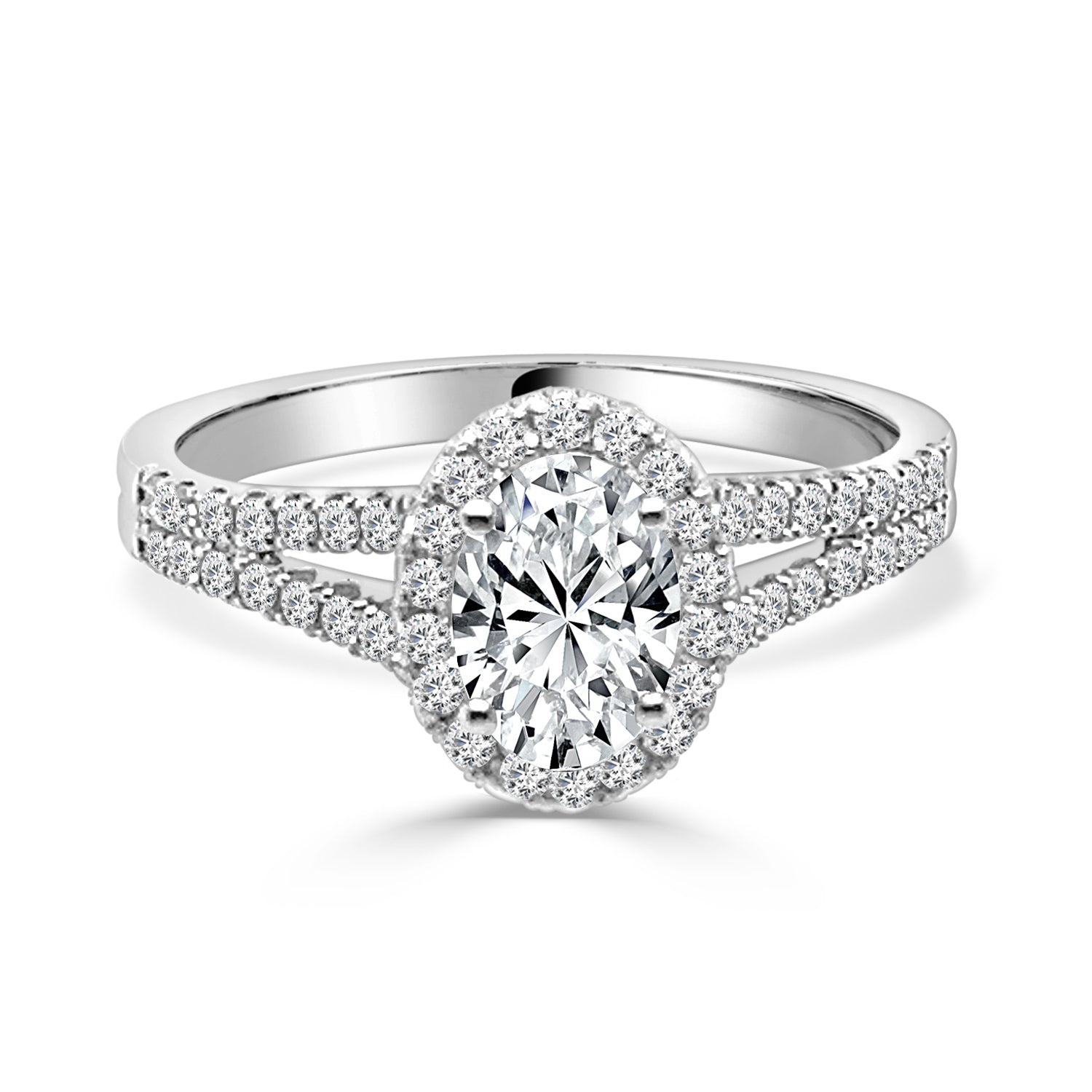 0.75 Lab Diamond Split Shank Oval Engagement Ring in 14 Karat White Gold