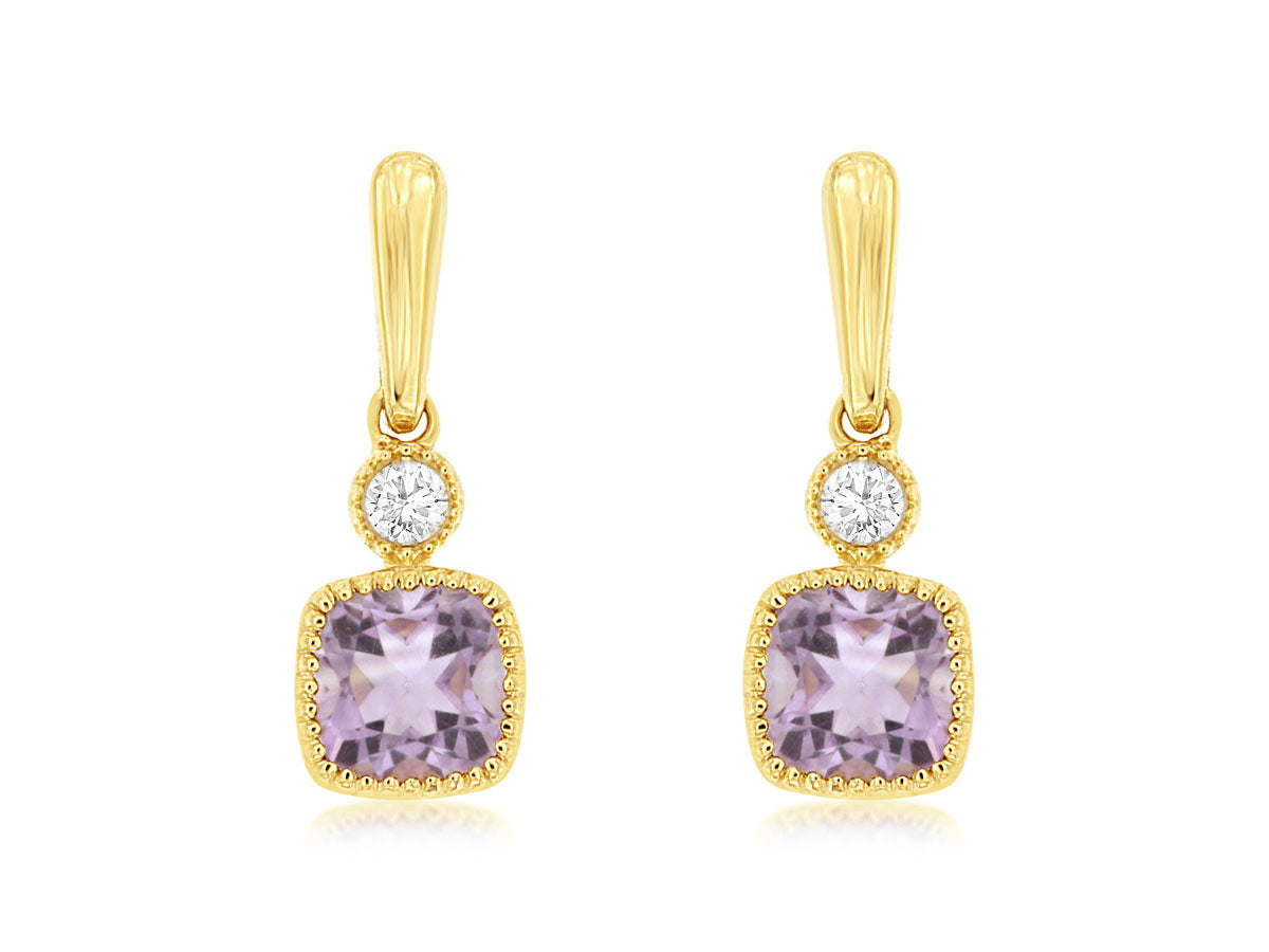 14K Yellow Gold Beaded Halo Amethyst Earrings - Cushion Shape 0.30