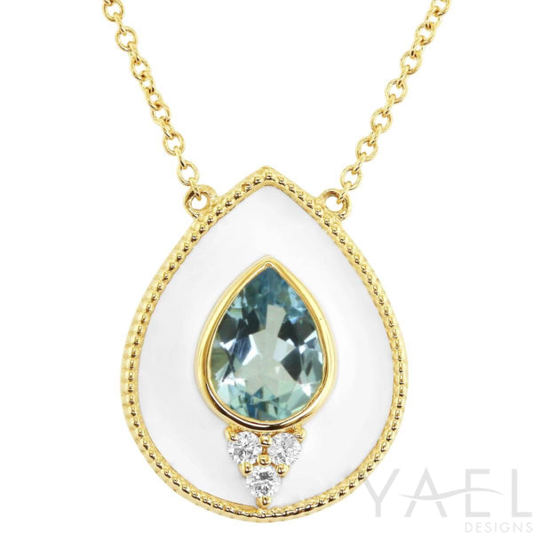 Regalia White Enamel Pear Halo Aquamarine Necklace in 14 Karat Yellow Gold - 1.00 Carat