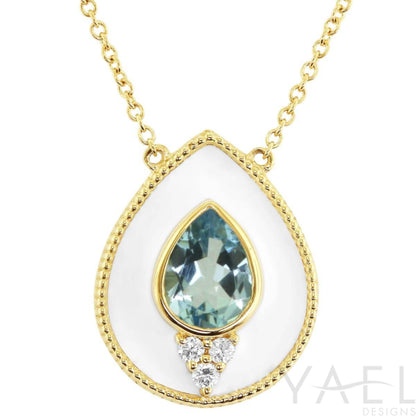 Regalia White Enamel Pear Halo Aquamarine Necklace in 14 Karat Yellow Gold - 1.00 Carat