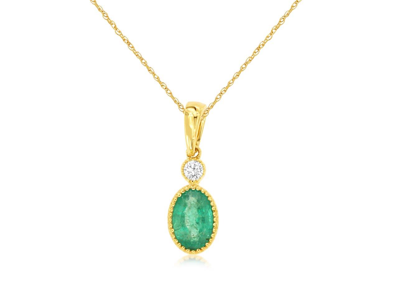 Emerald Oval Beaded Bezel Necklace in 14 Karat Yellow Gold - 0.41 Carats