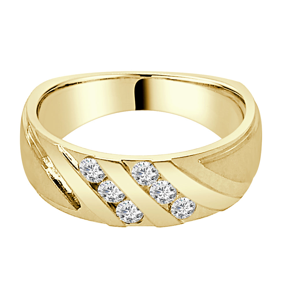 14K Yellow Gold Diagonal Satin Fancy Wedding Band with 0.38ct Natural Diamond