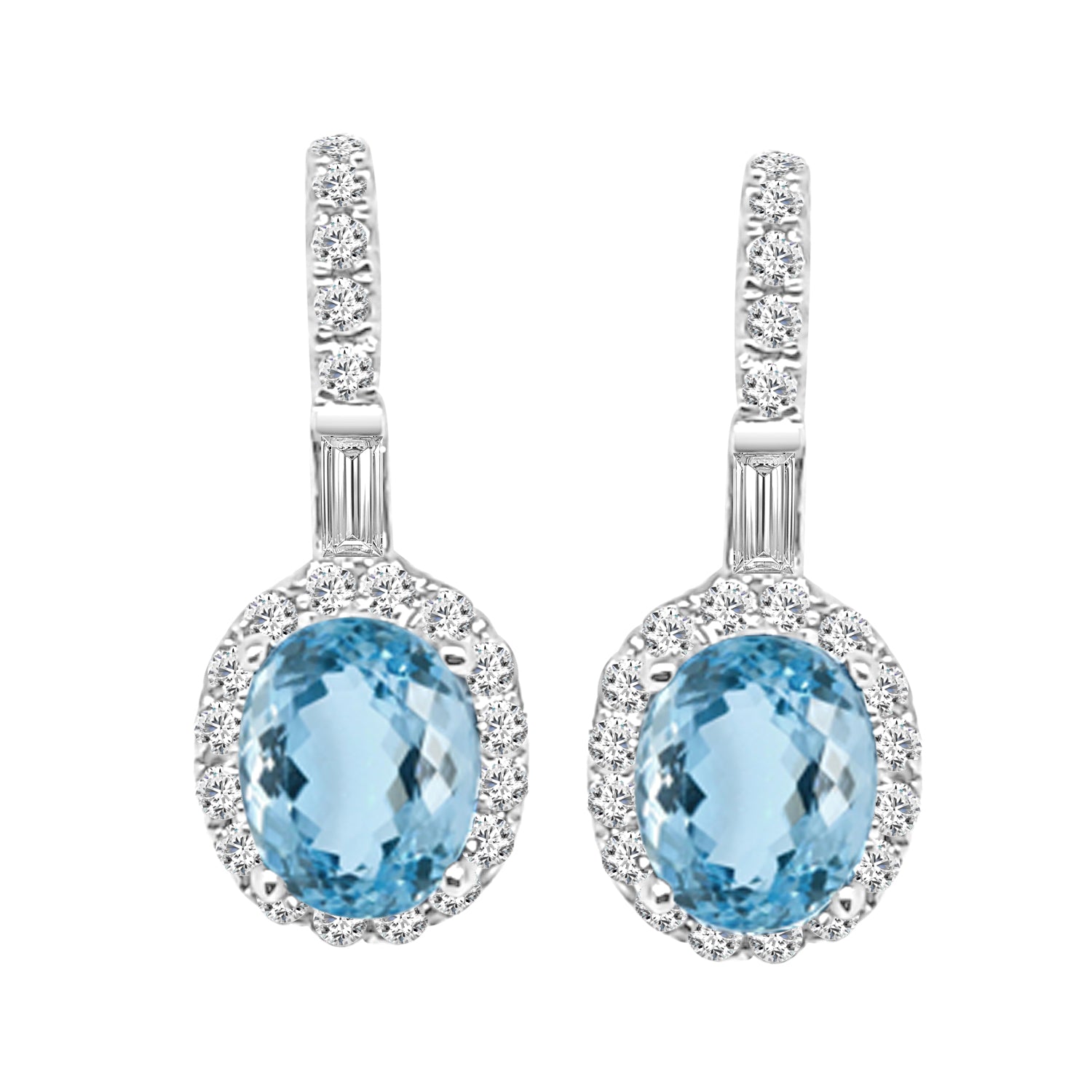 14K White Gold Leverback Oval Halo Earrings with Blue Topaz 0.80