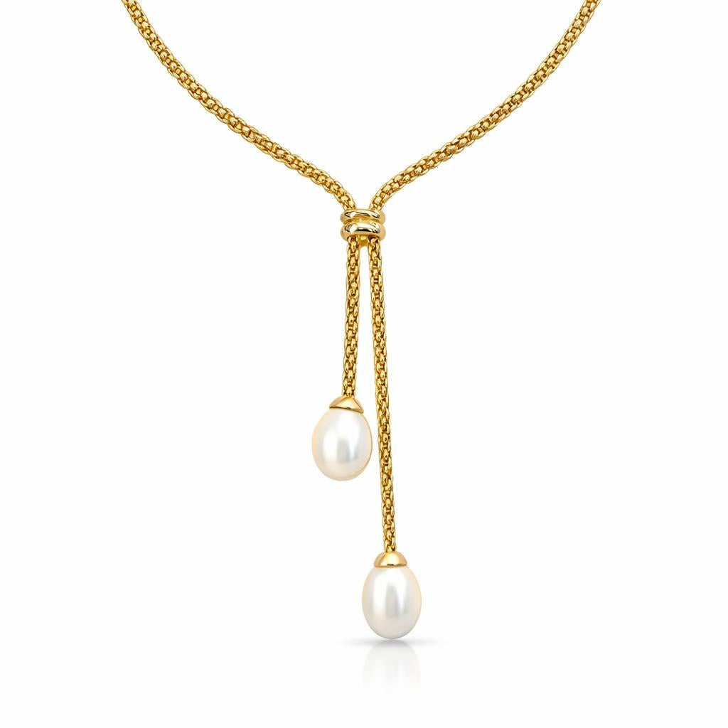 Studded Chain Double Pearl Lariat Necklace